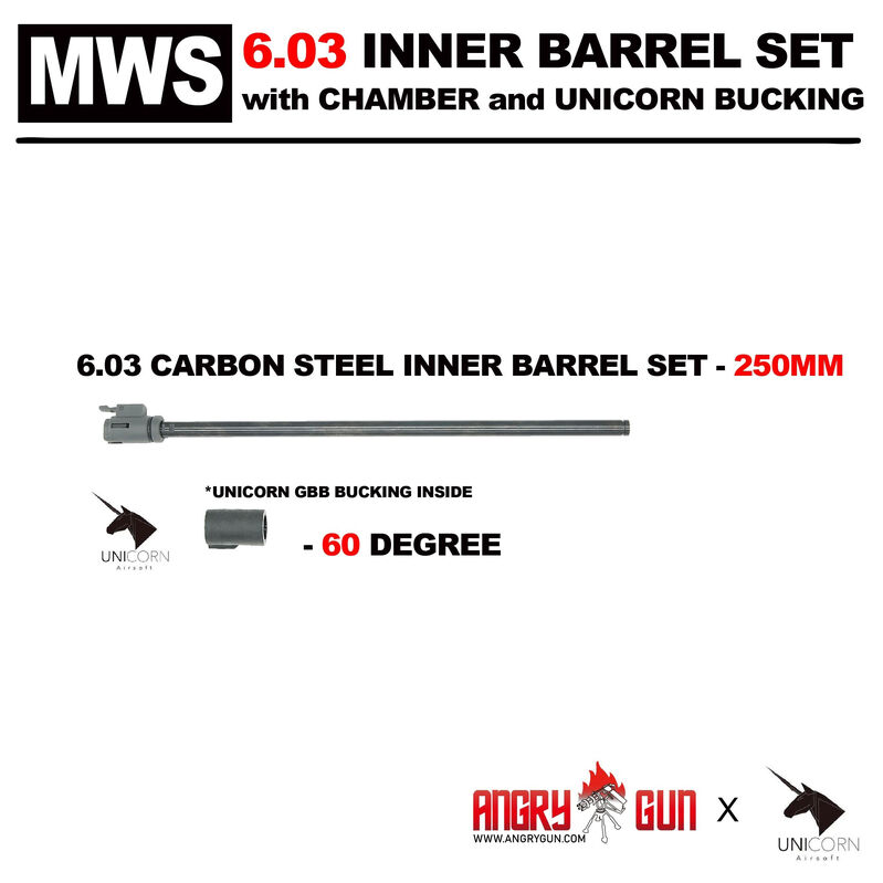 Set Cañon de Precision de Acero 6.03 250mm GBB con Cámara y Goma Hop-Up Unicorn 60º - Angry Gun
